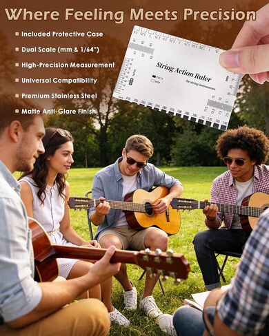Guitar String Action Gauge Ruler, Professional Setup Tool with Dual mm & 1/64" Scales - for Electric, Acoustic, Bass Guitars - Includes Measurement Chart & Protective Sleeve - Print Silver Edition in Kuwait