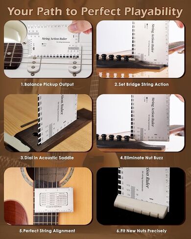 Guitar String Action Gauge Ruler, Professional Setup Tool with Dual mm & 1/64" Scales - for Electric, Acoustic, Bass Guitars - Includes Measurement Chart & Protective Sleeve - Print Silver Edition in Kuwait
