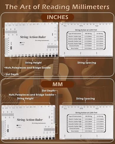 Guitar String Action Gauge Ruler, Professional Setup Tool with Dual mm & 1/64" Scales - for Electric, Acoustic, Bass Guitars - Includes Measurement Chart & Protective Sleeve - Print Silver Edition in Kuwait