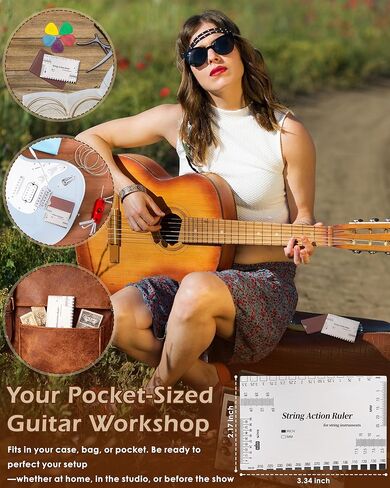 Guitar String Action Gauge Ruler, Professional Setup Tool with Dual mm & 1/64" Scales - for Electric, Acoustic, Bass Guitars - Includes Measurement Chart & Protective Sleeve - Print Silver Edition in Kuwait