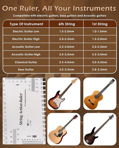 Guitar String Action Gauge Ruler, Professional Setup Tool with Dual mm & 1/64" Scales - for Electric, Acoustic, Bass Guitars - Includes Measurement Chart & Protective Sleeve - Print Silver Edition in Kuwait