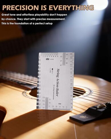 Guitar String Action Gauge Ruler, Professional Setup Tool with Dual mm & 1/64" Scales - for Electric, Acoustic, Bass Guitars - Includes Measurement Chart & Protective Sleeve - Print Silver Edition in Kuwait