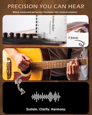 Guitar String Action Gauge Ruler, Professional Setup Tool with Dual mm & 1/64" Scales - for Electric, Acoustic, Bass Guitars - Includes Measurement Chart & Protective Sleeve - Print Silver Edition in Kuwait
