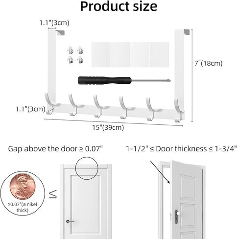 حامل خطاف فوق الباب، باللون الأبيض فوق الباب، حاجز مقاس 15 بوصة مع 6 خطافات، يناسب أبواب مقاس 1.75 بوصة (عبوة واحدة) in Kuwait