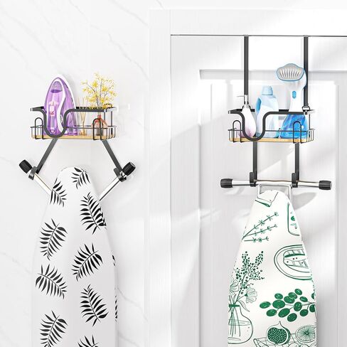 حامل طاولة الكي على الحائط، شماعة طاولة الكي، حامل ألواح الكي فوق الباب لتنظيم غرفة الغسيل، علبة المكواة وألواح الكي، شماعة مكاوي سوداء مع سلة تخزين (على شكل T&V) in Kuwait