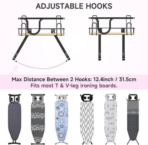 حامل طاولة الكي على الحائط، شماعة طاولة الكي، حامل ألواح الكي فوق الباب لتنظيم غرفة الغسيل، علبة المكواة وألواح الكي، شماعة مكاوي سوداء مع سلة تخزين (على شكل T&V) in Kuwait