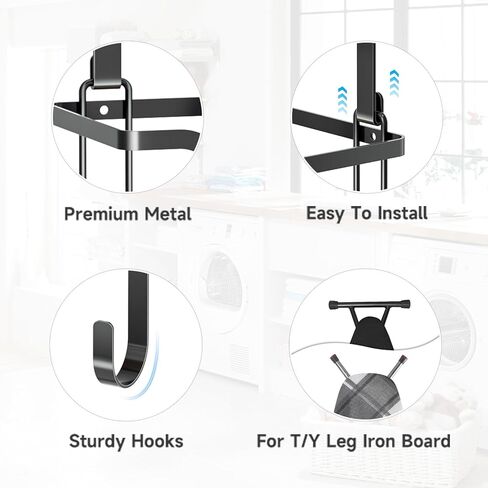 حامل طاولة الكي على الحائط، شماعة طاولة الكي، حامل ألواح الكي فوق الباب لتنظيم غرفة الغسيل، علبة المكواة وألواح الكي، شماعة مكاوي سوداء مع سلة تخزين (على شكل T&V) in Kuwait