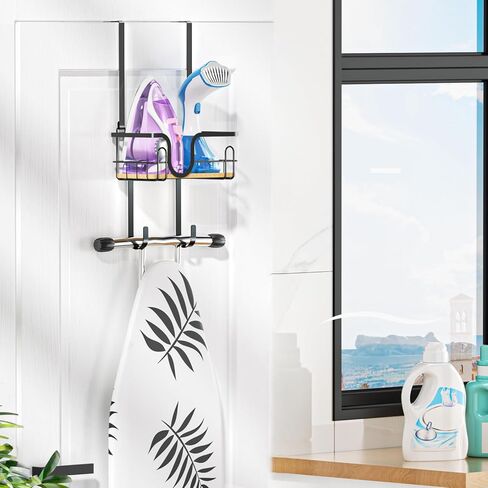 حامل طاولة الكي على الحائط، شماعة طاولة الكي، حامل ألواح الكي فوق الباب لتنظيم غرفة الغسيل، علبة المكواة وألواح الكي، شماعة مكاوي سوداء مع سلة تخزين (على شكل T&V) in Kuwait