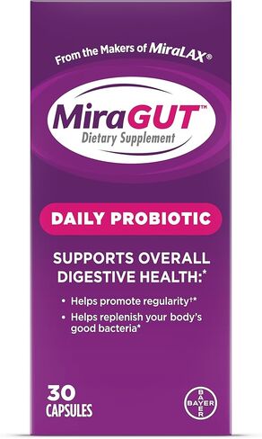 من صانعي MiraLAX، MiraGUT Daily Probiotic، بروبيوتيك لصحة الجهاز الهضمي، مكمل غذائي خالي من الغلوتين، بروبيوتيك للنساء والرجال، يدعم صحة الجهاز الهضمي بشكل عام، 30 قيراط in Kuwait