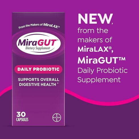 من صانعي MiraLAX، MiraGUT Daily Probiotic، بروبيوتيك لصحة الجهاز الهضمي، مكمل غذائي خالي من الغلوتين، بروبيوتيك للنساء والرجال، يدعم صحة الجهاز الهضمي بشكل عام، 30 قيراط in Kuwait