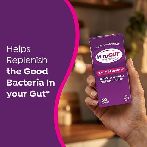 من صانعي MiraLAX، MiraGUT Daily Probiotic، بروبيوتيك لصحة الجهاز الهضمي، مكمل غذائي خالي من الغلوتين، بروبيوتيك للنساء والرجال، يدعم صحة الجهاز الهضمي بشكل عام، 30 قيراط in Kuwait
