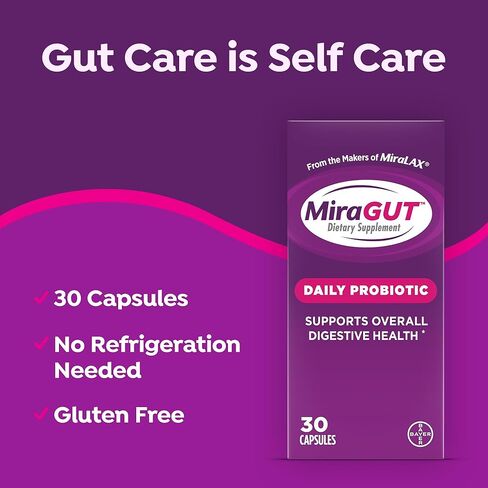 من صانعي MiraLAX، MiraGUT Daily Probiotic، بروبيوتيك لصحة الجهاز الهضمي، مكمل غذائي خالي من الغلوتين، بروبيوتيك للنساء والرجال، يدعم صحة الجهاز الهضمي بشكل عام، 30 قيراط in Kuwait