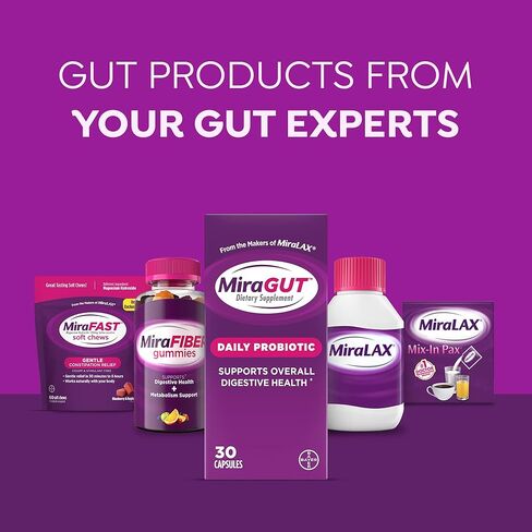 من صانعي MiraLAX، MiraGUT Daily Probiotic، بروبيوتيك لصحة الجهاز الهضمي، مكمل غذائي خالي من الغلوتين، بروبيوتيك للنساء والرجال، يدعم صحة الجهاز الهضمي بشكل عام، 30 قيراط in Kuwait