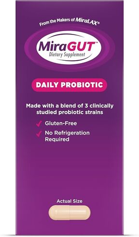 من صانعي MiraLAX، MiraGUT Daily Probiotic، بروبيوتيك لصحة الجهاز الهضمي، مكمل غذائي خالي من الغلوتين، بروبيوتيك للنساء والرجال، يدعم صحة الجهاز الهضمي بشكل عام، 30 قيراط in Kuwait