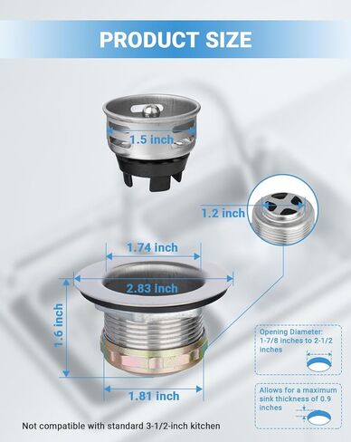 2-Inch Kitchen Sink Drain Strainer, RV Sink Drain Assembly with Basket, Fits 2-Inch/2-1/2-Inch Sink Openings, Anti-Clog Stainless Steel Sink Strainer for Bar & Small Kitchen in Saudi Arabia