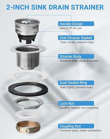 2-Inch Kitchen Sink Drain Strainer, RV Sink Drain Assembly with Basket, Fits 2-Inch/2-1/2-Inch Sink Openings, Anti-Clog Stainless Steel Sink Strainer for Bar & Small Kitchen in Saudi Arabia
