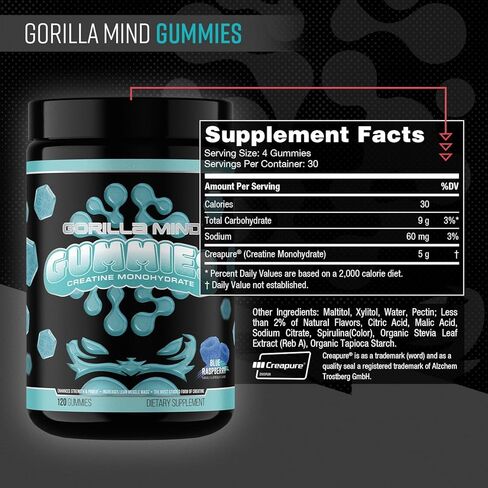 Gorilla Mind Creatine Gummies - Third-Party HPLC Tested | 5g Creapure® Creatine Monohydrate | Verified Potency & Purity | Strength · Power · Lean Muscle | No Added Sugar | Blue Raspberry Flavor in Saudi Arabia