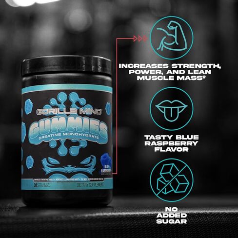 Gorilla Mind Creatine Gummies - Third-Party HPLC Tested | 5g Creapure® Creatine Monohydrate | Verified Potency & Purity | Strength · Power · Lean Muscle | No Added Sugar | Blue Raspberry Flavor in Saudi Arabia