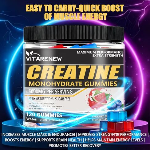 علكات الكرياتين 120 قطعة - نكهة البطيخ والتوت، 5000 ملغ من الكرياتين مونوهيدرات مع BCAA، وL-Taurine والإلكتروليتات لنمو العضلات والقوة والطاقة - قابلة للمضغ للرجال والنساء in Kuwait