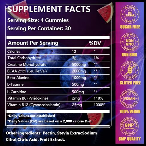 علكات الكرياتين 120 قطعة - نكهة البطيخ والتوت، 5000 ملغ من الكرياتين مونوهيدرات مع BCAA، وL-Taurine والإلكتروليتات لنمو العضلات والقوة والطاقة - قابلة للمضغ للرجال والنساء in Kuwait