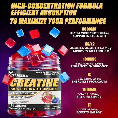 علكات الكرياتين 120 قطعة - نكهة البطيخ والتوت، 5000 ملغ من الكرياتين مونوهيدرات مع BCAA، وL-Taurine والإلكتروليتات لنمو العضلات والقوة والطاقة - قابلة للمضغ للرجال والنساء in Kuwait