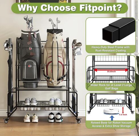 حقيبة الجولف لتخزين المرآب منظم حقيبة الجولف يناسب حقيبتين إضافيتين لنوادي كرات الأحذية وإكسسوارات معدات الجولف رف تخزين الجولف لسقيفة نادي المرآب in Kuwait