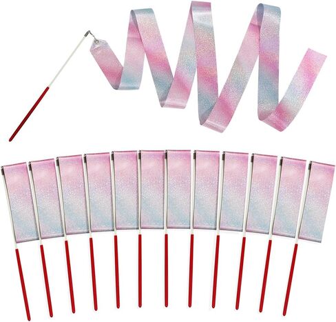 Glitter Shimmering Dance Ribbon Sparkling Artistic Dancing Ribbon Gymnastics Dance Flag With 360 Degree Twirling Stick Baton, 12 Pack 78.7" Bling Dancer Wand Streamers Gym Training Wand Dancing Band in Kuwait