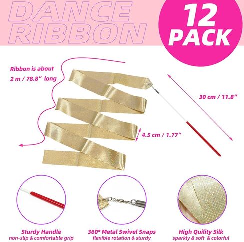 Glitter Shimmering Dance Ribbon Sparkling Artistic Dancing Ribbon Gymnastics Dance Flag With 360 Degree Twirling Stick Baton, 12 Pack 78.7" Bling Dancer Wand Streamers Gym Training Wand Dancing Band in Kuwait