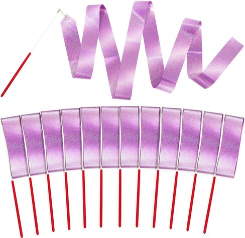 Glitter Shimmering Dance Ribbon Sparkling Artistic Dancing Ribbon Gymnastics Dance Flag With 360 Degree Twirling Stick Baton, 12 Pack 78.7" Bling Dancer Wand Streamers Gym Training Wand Dancing Band in Kuwait