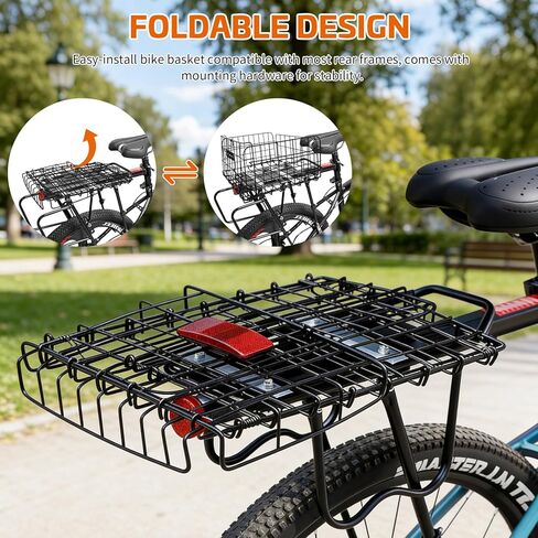 Folding Rear Bike Basket for Rear Rack, Collapsible Metal Bicycle Cargo Basket with Waterproof Cover & Liner Bag, Heavy Duty Bike Basket for Groceries, Pets, Commuting (56 lbs) in Saudi Arabia