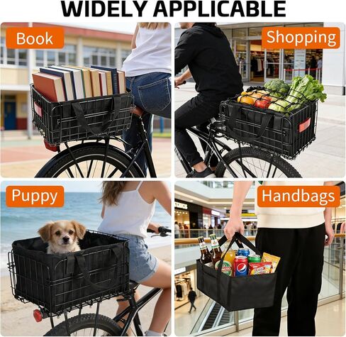 Folding Rear Bike Basket for Rear Rack, Collapsible Metal Bicycle Cargo Basket with Waterproof Cover & Liner Bag, Heavy Duty Bike Basket for Groceries, Pets, Commuting (56 lbs) in Saudi Arabia
