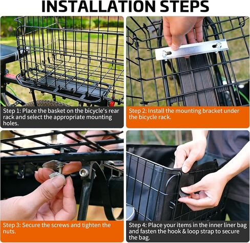 Folding Rear Bike Basket for Rear Rack, Collapsible Metal Bicycle Cargo Basket with Waterproof Cover & Liner Bag, Heavy Duty Bike Basket for Groceries, Pets, Commuting (56 lbs) in Saudi Arabia