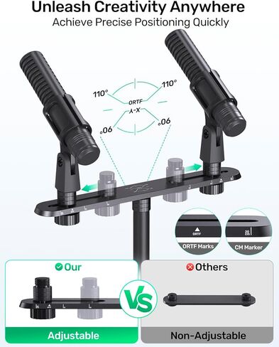 Stereo Array Spacing Microphone Bar Holder, Dual Mic Stand, Heavy-Duty Aluminum with Ruled Markings, Holds 2 Mics - X-Y and ORTF Mic T-Bar Bracket, Fits 3/8" 1/4" and 5/8" Mic Stands in Kuwait