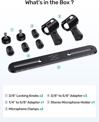 Stereo Array Spacing Microphone Bar Holder, Dual Mic Stand, Heavy-Duty Aluminum with Ruled Markings, Holds 2 Mics - X-Y and ORTF Mic T-Bar Bracket, Fits 3/8" 1/4" and 5/8" Mic Stands in Kuwait
