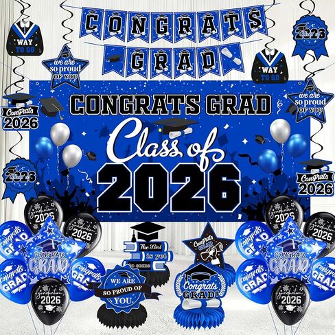 Graduation decorations class of 2025,graduation backdrop sign,Congrats grad banner,Hanging Swirls,Blue grad balloons for men women graduation party decorations（Blue） in Kuwait