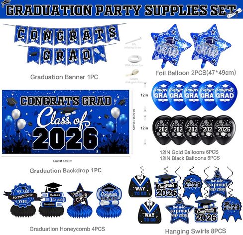 Graduation decorations class of 2025,graduation backdrop sign,Congrats grad banner,Hanging Swirls,Blue grad balloons for men women graduation party decorations（Blue） in Kuwait