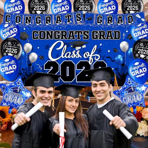 Graduation decorations class of 2025,graduation backdrop sign,Congrats grad banner,Hanging Swirls,Blue grad balloons for men women graduation party decorations（Blue） in Kuwait