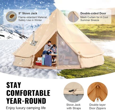 VEVOR Canvas Bell Tent, 4 Seasons 6 m/19.68 ft Yurt, for Camping with Stove Jack, Holds up to 10 People, Family Camping Outdoor Hunting Party in Kuwait