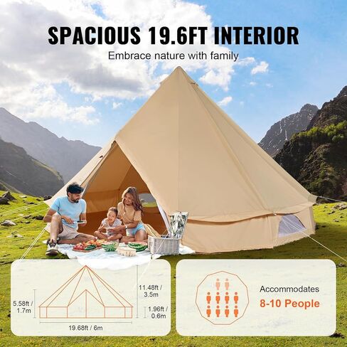 VEVOR Canvas Bell Tent, 4 Seasons 6 m/19.68 ft Yurt, for Camping with Stove Jack, Holds up to 10 People, Family Camping Outdoor Hunting Party in Kuwait