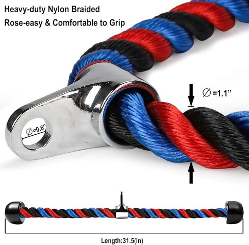 حبل ثلاثي الرؤوس فاخر لصالة الألعاب الرياضية مرفق كابل سحب للأسفل، طول حبل 31.5 بوصة، سهل الإمساك ومرفقات سحب للأسفل غير قابلة للانزلاق، حبل للتمرين in Kuwait