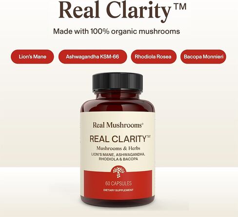 Real Mushrooms RealClarity Capsules – Lion’s Mane, KSM-66 Ashwagandha, Cordyceps & Reishi – Mental Sharpness, Alertness. & Adaptogenic Support – Vegan, Non-GMO – 60 Count Mushroom Supplement in Kuwait