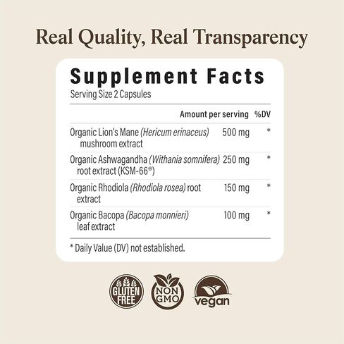 Real Mushrooms RealClarity Capsules – Lion’s Mane, KSM-66 Ashwagandha, Cordyceps & Reishi – Mental Sharpness, Alertness. & Adaptogenic Support – Vegan, Non-GMO – 60 Count Mushroom Supplement in Kuwait