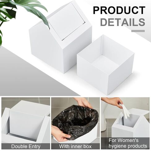 مدخل مزدوج للمناديل الصحية، وعاء متأرجح للطابق العلوي، صندوق التخلص من الحشا مع 100 كيس بطانة سوداء للتخلص، حامل حشا النفايات الأنثوية، حاوية نظافة الحمام، أبيض، معدني in Kuwait