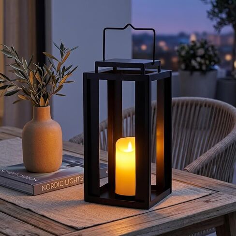 TRIROCKS Large Outdoor Lanterns 17" Decorative Candle Lantern Black Metal Hanging Lantern with LED Flickering Flameless Timer Candle for Home Garden Modern Farmhouse Patio Front Porch Decor (No Glass) in Saudi Arabia