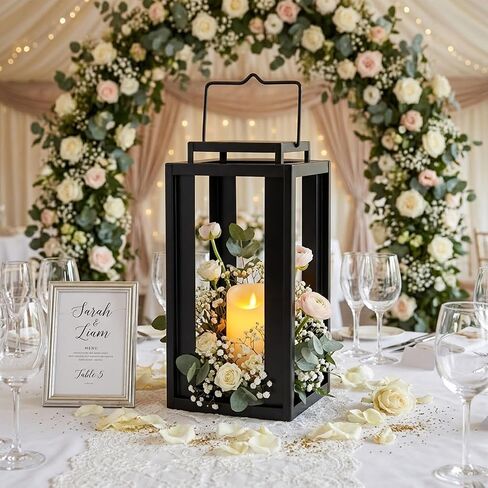 TRIROCKS Large Outdoor Lanterns 17" Decorative Candle Lantern Black Metal Hanging Lantern with LED Flickering Flameless Timer Candle for Home Garden Modern Farmhouse Patio Front Porch Decor (No Glass) in Saudi Arabia