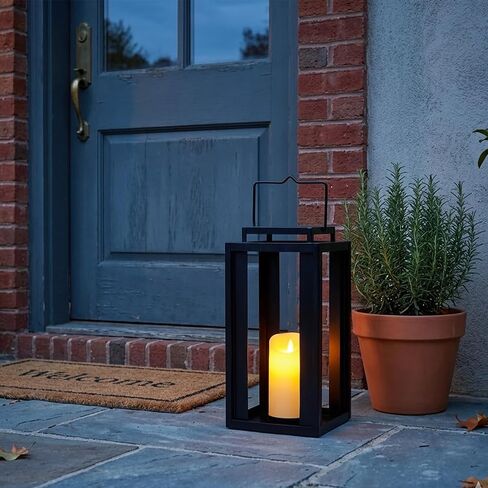 TRIROCKS Large Outdoor Lanterns 17" Decorative Candle Lantern Black Metal Hanging Lantern with LED Flickering Flameless Timer Candle for Home Garden Modern Farmhouse Patio Front Porch Decor (No Glass) in Saudi Arabia