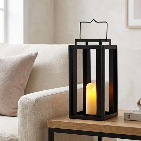 TRIROCKS Large Outdoor Lanterns 17" Decorative Candle Lantern Black Metal Hanging Lantern with LED Flickering Flameless Timer Candle for Home Garden Modern Farmhouse Patio Front Porch Decor (No Glass) in Saudi Arabia