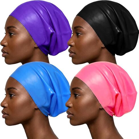 قبعات سباحة كبيرة جدًا من السيليكون مكونة من 4 قطع للشعر الطويل والضفائر والمجدل والوصلات - قبعات حمام سباحة مقاومة للماء للنساء والرجال (أسود، أزرق بحيرة، أرجواني غامق، وردي) in Kuwait