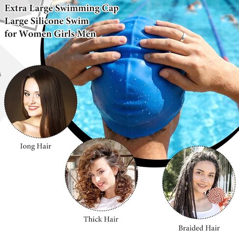 قبعات سباحة كبيرة جدًا من السيليكون مكونة من 4 قطع للشعر الطويل والضفائر والمجدل والوصلات - قبعات حمام سباحة مقاومة للماء للنساء والرجال (أسود، أزرق بحيرة، أرجواني غامق، وردي) in Kuwait