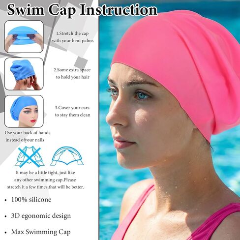 قبعات سباحة كبيرة جدًا من السيليكون مكونة من 4 قطع للشعر الطويل والضفائر والمجدل والوصلات - قبعات حمام سباحة مقاومة للماء للنساء والرجال (أسود، أزرق بحيرة، أرجواني غامق، وردي) in Kuwait